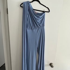 AURORA CORNFLOWER BLUE ONE SHOULDER CAPE SLEEVE JUMPSUIT
